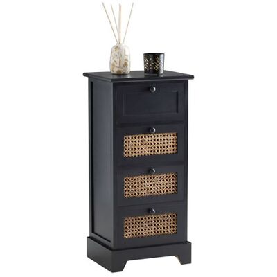 Non communiqué Chiffonnier JASMIN petite commode avec 4 tiroirs, style vintage bohême, en bois de paulownia lasuré noir et rotin Noir - Publicité Non communiqué Chiffonnier JASMIN petite commode avec 4 tiroirs, style vintage bohême, en bois de paulownia lasuré noir et rotin Noir - Publicité