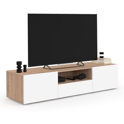 Non communiqué Meuble TV 140 cm ELI bois façon hêtre portes blanches Blanc - Publicité Non communiqué Meuble TV 140 cm ELI bois façon hêtre portes blanches Blanc - Publicité