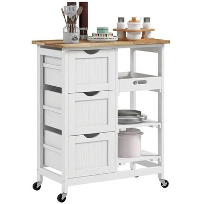 Non communiqué Desserte de cuisine multi-rangement - 3 tiroirs, 2 étagères, plateau amovible - MDF blanc bois hévéa Blanc - Publicité Non communiqué Desserte de cuisine multi-rangement - 3 tiroirs, 2 étagères, plateau amovible - MDF blanc bois hévéa Blanc - Publicité