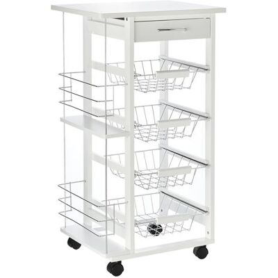 Non communiqué Desserte cuisine bois roulante - tiroir, 4 paniers amovibles, 2 porte-bouteilles - blanc Blanc - Publicité Non communiqué Desserte cuisine bois roulante - tiroir, 4 paniers amovibles, 2 porte-bouteilles - blanc Blanc - Publicité