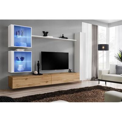 Paris Prix Ensemble mural - Switch XVIII - 2 vitrines LED - 1 vitrine verticale - 2 bancs TV - 1 étagère - Bois et blanc - Modèle 2 Beige - Publicité Paris Prix Ensemble mural - Switch XVIII - 2 vitrines LED - 1 vitrine verticale - 2 bancs TV - 1 étagère - Bois et blanc - Modèle 2 Beige - Publicité