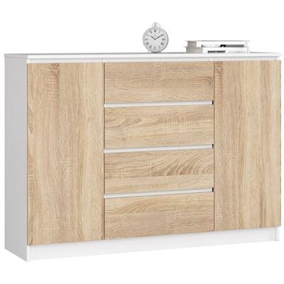 Non communiqué Commode AKORD K140 Blanche 138 cm 2 portes 4 tiroirs façade Chêne Sonoma 4 étagères 138x40x99 cm Blanc / Chêne Sonoma - Publicité Non communiqué Commode AKORD K140 Blanche 138 cm 2 portes 4 tiroirs façade Chêne Sonoma 4 étagères 138x40x99 cm Blanc / Chêne Sonoma - Publicité