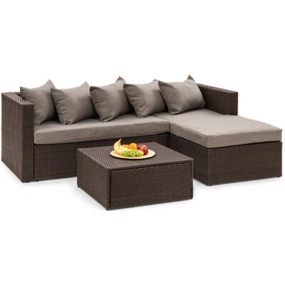 Blumfeldt Theia Lounge Salon de jardin - Canapé d'angle ottomane avec 5 coussins & pouf - polyrotin tressé marron - Publicité Blumfeldt Theia Lounge Salon de jardin - Canapé d'angle ottomane avec 5 coussins & pouf - polyrotin tressé marron - Publicité