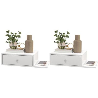 Non communiqué Lot de 2 chevets tables de nuit murales - tiroir coulissant, étagère latérale - dim. 55l x 30P x 15H cm - finition blanche raffinée avec des poignées rondes argentées Blanc - Publicité Non communiqué Lot de 2 chevets tables de nuit murales - tiroir coulissant, étagère latérale - dim. 55l x 30P x 15H cm - finition blanche raffinée avec des poignées rondes argentées Blanc - Publicité