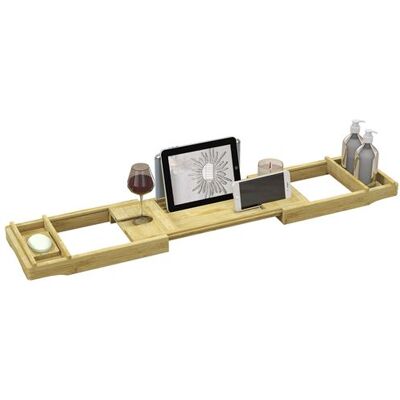 Non communiqué Pont plateau de baignoire extensible 75-109L cm - porte-gobelet et savon - bambou verni Beige - Publicité Non communiqué Pont plateau de baignoire extensible 75-109L cm - porte-gobelet et savon - bambou verni Beige - Publicité