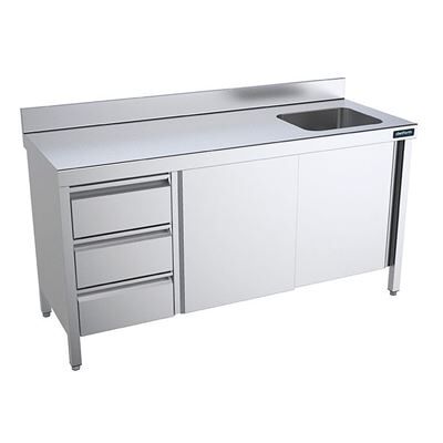Non communiqué Table de chef Inox avec portes coulissantes, tiroirs et bac à droite Gamme 600 Distform 1 - Publicité Non communiqué Table de chef Inox avec portes coulissantes, tiroirs et bac à droite Gamme 600 Distform 1 - Publicité