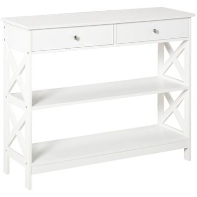 HOMCOM Table console néo-rétro - 2 tiroirs, 2 étagères - Blanc - Publicité HOMCOM Table console néo-rétro - 2 tiroirs, 2 étagères - Blanc - Publicité