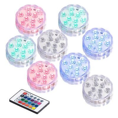 Lunartec - 8 Lampes LED Étanches RGB - 75mm - Télécommande - Publicité Lunartec - 8 Lampes LED Étanches RGB - 75mm - Télécommande - Publicité