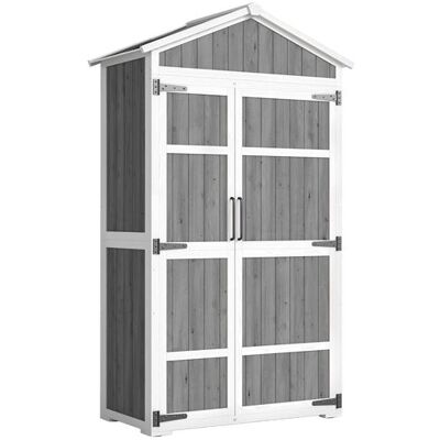 Non communiqué Armoire de jardin bois bicolore toit double pente métal 4 étagères blanc gris - Publicité Non communiqué Armoire de jardin bois bicolore toit double pente métal 4 étagères blanc gris - Publicité