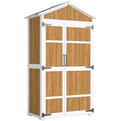 Non communiqué Armoire de jardin bois bicolore toit double pente métal 4 étagères blanc naturel - Publicité Non communiqué Armoire de jardin bois bicolore toit double pente métal 4 étagères blanc naturel - Publicité