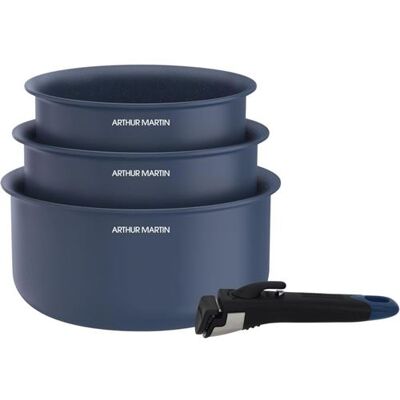 Non communiqué Set de 3 casseroles 16-18-20 cm poignée amovible Bleu Arthur Martin AM0320 Même couleur que TR205 - Publicité Non communiqué Set de 3 casseroles 16-18-20 cm poignée amovible Bleu Arthur Martin AM0320 Même couleur que TR205 - Publicité