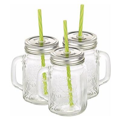 Pearl : Lot de 3 verres rétro avec anse, paille et couvercle - Publicité Pearl : Lot de 3 verres rétro avec anse, paille et couvercle - Publicité