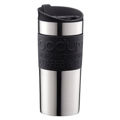 Bodum - Mug de voyage isotherme en inox, double paroi, couvercle à clapet, 0.35 l - Publicité Bodum - Mug de voyage isotherme en inox, double paroi, couvercle à clapet, 0.35 l - Publicité