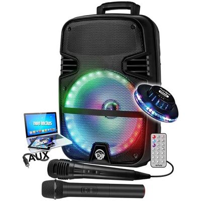 Non communiqué Enceinte sono Karaoké MYDJ MDJ12 Ring à LEDs RVB 600W 12" USB, Bluetooth, TWS, PC, Micros VHF et filaire, lumière OVNI - Publicité Non communiqué Enceinte sono Karaoké MYDJ MDJ12 Ring à LEDs RVB 600W 12" USB, Bluetooth, TWS, PC, Micros VHF et filaire, lumière OVNI - Publicité