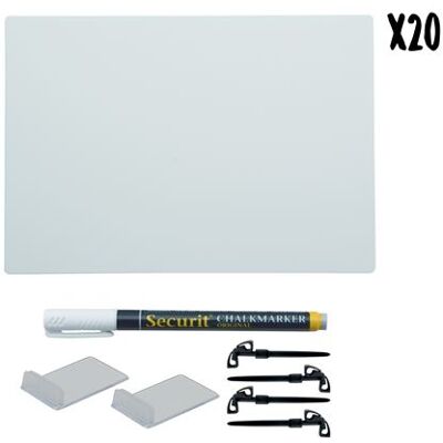 kit de 20 tags blancs Format A6 Incluant 1 feutres craie Noir 4 piques ardoises et 2 support horizontal transparents Securit - Publicité kit de 20 tags blancs Format A6 Incluant 1 feutres craie Noir 4 piques ardoises et 2 support horizontal transparents Securit - Publicité