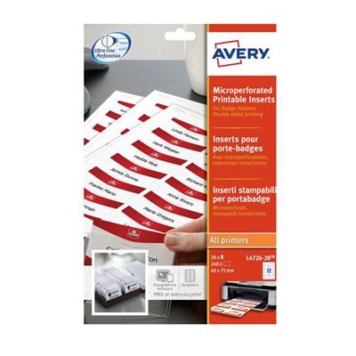 Avery Name Badges Printable inserts - Blanc - 40 x 75 mm - 190 g/m² - 240 carte(s) (20 feuille(s) x 12 cartes pour badges - Publicité Avery Name Badges Printable inserts - Blanc - 40 x 75 mm - 190 g/m² - 240 carte(s) (20 feuille(s) x 12 cartes pour badges - Publicité