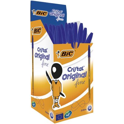 BIC Cristal Original Stylos-Bille Pointe Fine (0,8 mm) - Encre De Couleur Bleue, Boîte de 50 Bleu - Publicité BIC Cristal Original Stylos-Bille Pointe Fine (0,8 mm) - Encre De Couleur Bleue, Boîte de 50 Bleu - Publicité