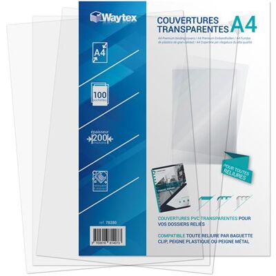 Couverture de reliure A4 Waytex 78280 feuille plastique transparente 200 microns pack de 100 feuilles Incolore - Publicité Couverture de reliure A4 Waytex 78280 feuille plastique transparente 200 microns pack de 100 feuilles Incolore - Publicité