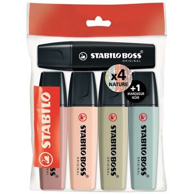 Pack 4 Surligneurs avec 1 Marqueur Noir Stabilo Boss® Original Nature Colors Multicolore - Publicité Pack 4 Surligneurs avec 1 Marqueur Noir Stabilo Boss® Original Nature Colors Multicolore - Publicité