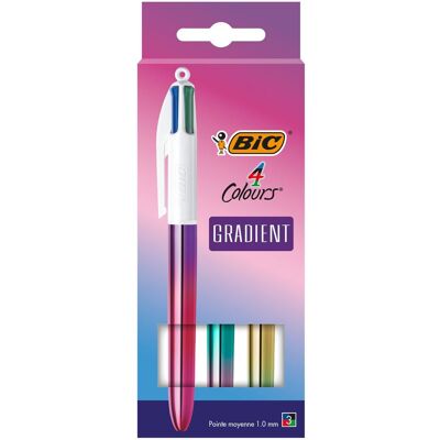 Pack de 3 Stylos à bille rétractables Bic 4 Couleurs Gradient Pointe Moyenne 1 mm Modèle aléatoire Multicolore - Publicité Pack de 3 Stylos à bille rétractables Bic 4 Couleurs Gradient Pointe Moyenne 1 mm Modèle aléatoire Multicolore - Publicité