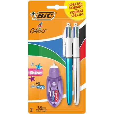 Set de 2 stylos à bille Bic 4 Couleurs Shine avec ruban correcteur Noir, bleu, rouge, vert - Publicité Set de 2 stylos à bille Bic 4 Couleurs Shine avec ruban correcteur Noir, bleu, rouge, vert - Publicité