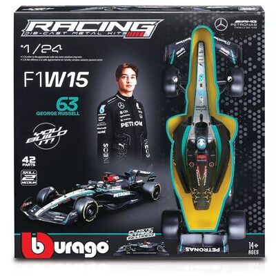 Voiture Bburago Kit à monter Formule 1 2024 #63 Russell avec casque et stand Mercedes AMG W15 E-Performance Multicolore - Publicité Voiture Bburago Kit à monter Formule 1 2024 #63 Russell avec casque et stand Mercedes AMG W15 E-Performance Multicolore - Publicité