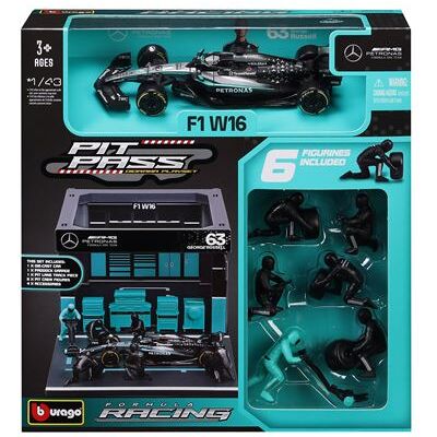 Voiture Bburago Pit-Stop Mercedes AMG W16 (vehicule + figurines mecaniciens + paddock + accessoires) #63 Russell Multicolore - Publicité Voiture Bburago Pit-Stop Mercedes AMG W16 (vehicule + figurines mecaniciens + paddock + accessoires) #63 Russell Multicolore - Publicité