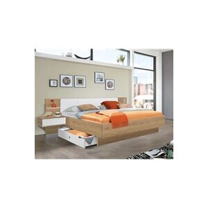 Pegane Lit futon + 2 chevets en panneaux de particules imit. chene poutre/blanc - Dim : 180x200 cm -- - Publicité