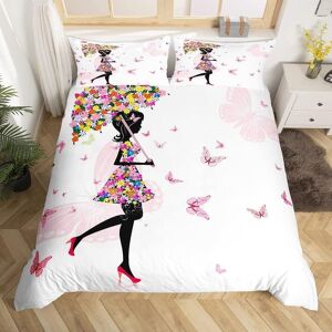 Ensemble De Literie Papillon Rose Avec Fille, Housse De Couette ¿¿ Fleurs Color¿¿Es Pour Enfants, Papillons Volants Roses, Couette Co - Publicité