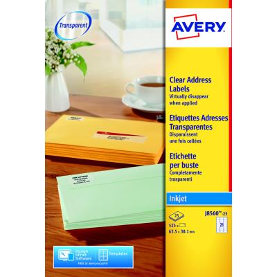 Étiquettes transparentes Avery pour imprimante jet d'encre J8560 - 63,5 x 38,1 mm - 21 Étiquettes par feuilles - paquet 525 unités - Publicité Étiquettes transparentes Avery pour imprimante jet d'encre J8560 - 63,5 x 38,1 mm - 21 Étiquettes par feuilles - paquet 525 unités - Publicité