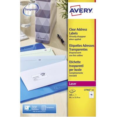Étiquettes d'expédition Avery pour imprimantes laser - 99,1 x 33,9 mm - 25 feuilles - 16 Étiquettes par feuille - auto-adhésives - transparentes - paquet 25 feuilles - Publicité Étiquettes d'expédition Avery pour imprimantes laser - 99,1 x 33,9 mm - 25 feuilles - 16 Étiquettes par feuille - auto-adhésives - transparentes - paquet 25 feuilles - Publicité