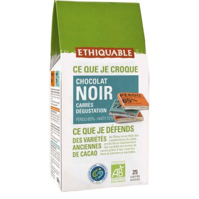 Ethiquable Carrés dégustation de chocolat noir Napolitains Haiti Pérou bio - paquet de 100g - Publicité Ethiquable Carrés dégustation de chocolat noir Napolitains Haiti Pérou bio - paquet de 100g - Publicité