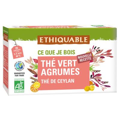 Ethiquable Thé vert agrumes ceylan bio et équitable - 20 sachets fraîcheur recyclables en infusette - Publicité Ethiquable Thé vert agrumes ceylan bio et équitable - 20 sachets fraîcheur recyclables en infusette - Publicité