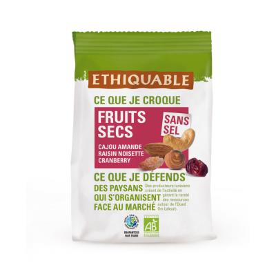 Fruits secs Ethiquable Bio sans sel - Mélange Cajoux, amandes, raisins, noisettes, cranberry - 100 g - Publicité Fruits secs Ethiquable Bio sans sel - Mélange Cajoux, amandes, raisins, noisettes, cranberry - 100 g - Publicité