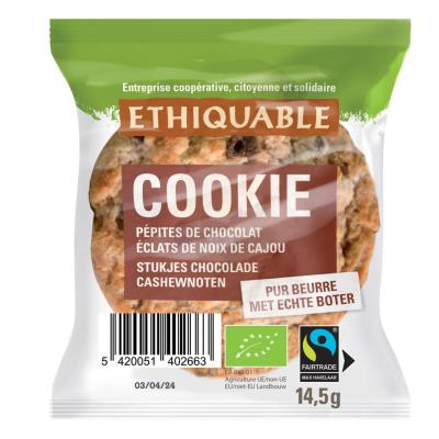 Cookies biologiques Ethiquable avec pépites de chocolat et noix de cajou - 90 sachets - Publicité Cookies biologiques Ethiquable avec pépites de chocolat et noix de cajou - 90 sachets - Publicité