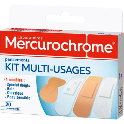 Mercurochrome Pansements classiques Mecurochrome - Résistant à l'eau - 4 modèles et 2 couleurs - Coffret multi-usages - Boîte de 20 - Publicité Mercurochrome Pansements classiques Mecurochrome - Résistant à l'eau - 4 modèles et 2 couleurs - Coffret multi-usages - Boîte de 20 - Publicité