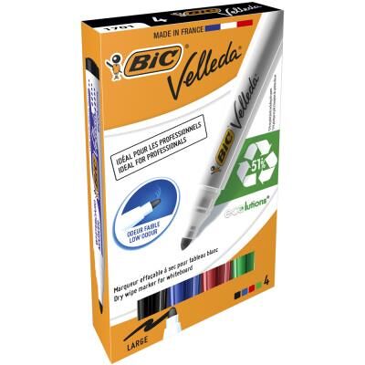 Bic Pochette de 4 Marqueurs effaçables à sec Velleda 1704 - pointe ogive - encre alcool - 4 couleurs assorties - Publicité Bic Pochette de 4 Marqueurs effaçables à sec Velleda 1704 - pointe ogive - encre alcool - 4 couleurs assorties - Publicité