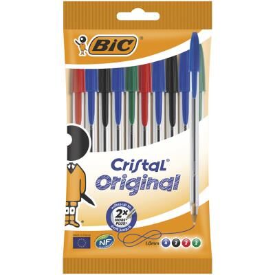 Pochette de 10 stylos à bille Bic - pointe moyenne - 4 couleurs d'encre - corps plastique transparent cristal - Publicité Pochette de 10 stylos à bille Bic - pointe moyenne - 4 couleurs d'encre - corps plastique transparent cristal - Publicité
