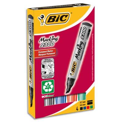 Pochette de 4 Marqueurs permanents Bic 2300 - pointe biseau - encre à base d'alcool - 4 couleurs assorties - Publicité Pochette de 4 Marqueurs permanents Bic 2300 - pointe biseau - encre à base d'alcool - 4 couleurs assorties - Publicité