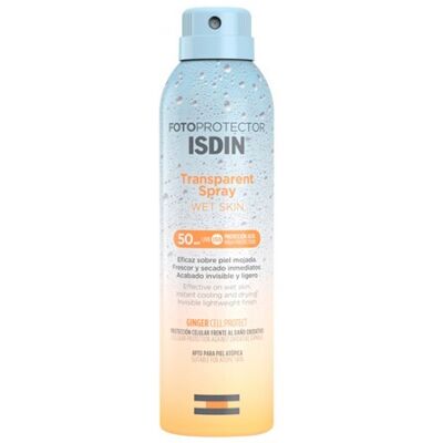Spray solaire transparent Wet Skin SPF50 Isdin - Publicité Spray solaire transparent Wet Skin SPF50 Isdin - Publicité