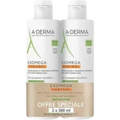 A-DERMA A derma Exomega Control Gel Moussant Émollient Anti-Grattage Lot de 2 x 500 ml - Publicité A-DERMA A derma Exomega Control Gel Moussant Émollient Anti-Grattage Lot de 2 x 500 ml - Publicité