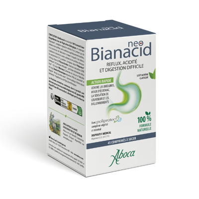 Aboca neobianacid acidité et reflux boite 45 comprimés à sucer - Publicité Aboca neobianacid acidité et reflux boite 45 comprimés à sucer - Publicité