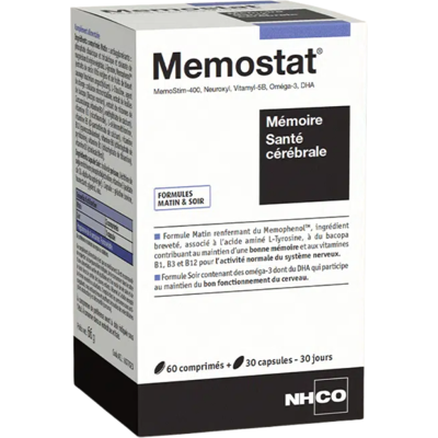 NHCO NUTRITION NHCO Memostat santé cérébrale mémoire 60 comprimés + 30 capsules - Publicité NHCO NUTRITION NHCO Memostat santé cérébrale mémoire 60 comprimés + 30 capsules - Publicité