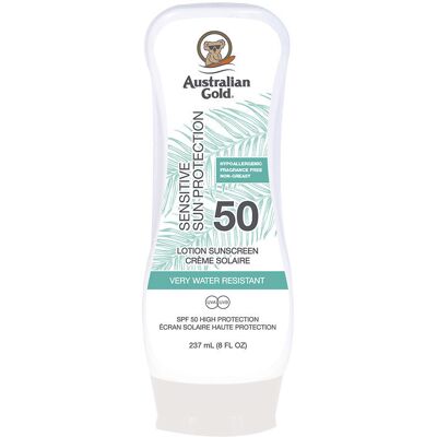 Australian Gold Sensitive Sun Protection SPF50 water resistant lotion 237 ml - Publicité Australian Gold Sensitive Sun Protection SPF50 water resistant lotion 237 ml - Publicité