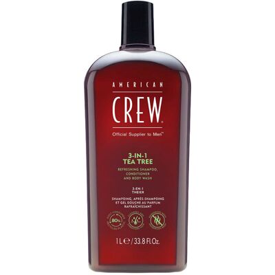 American Crew 3 en 1 arbre à thé - Am & Body 3-IN-1 shampooing, après-shampooing et gel douche 3en1 pour hommes (1000ml) - Publicité American Crew 3 en 1 arbre à thé - Am & Body 3-IN-1 shampooing, après-shampooing et gel douche 3en1 pour hommes (1000ml) - Publicité