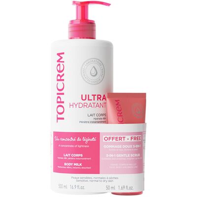 Topicrem Lait corporel Uh 500 ml + exfoliant doux 3 en 1 (2 unités) - Publicité Topicrem Lait corporel Uh 500 ml + exfoliant doux 3 en 1 (2 unités) - Publicité