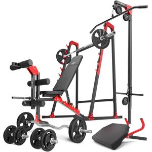 Marbo Sport Ensemble MH26_147KG_KIER   Banc de musculation + supports pour barres + banc à biceps + extension de jambes + poulie pour traction + kit de barres d'haltères renforcées et de disques pour la musculation de 83 kg - Publicité