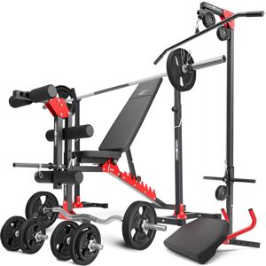 Ensemble MH25_132KG_KIER_G   Banc de musculation + supports pour barres + banc à biceps + extension de jambes + poulie pour traction + kit de barres d'haltères renforcées et de disques caoutchoutés pour la musculation de 83 kg - Marbo Sport - Publicité