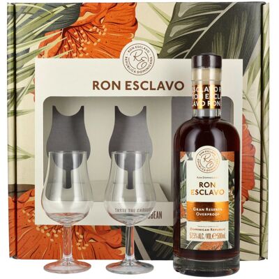 Ron Esclavo GRAN RESERVA OVERPROOF Ron Dominicana 57,5% Vol. 0,5l en boîte cadeau avec 2 Verres - Publicité Ron Esclavo GRAN RESERVA OVERPROOF Ron Dominicana 57,5% Vol. 0,5l en boîte cadeau avec 2 Verres - Publicité