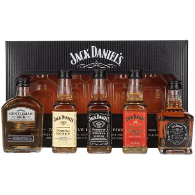 Jack Daniel's FAMILY OF FINE SPIRITS 39% Vol. 5x0,05l en boîte cadeau - Publicité Jack Daniel's FAMILY OF FINE SPIRITS 39% Vol. 5x0,05l en boîte cadeau - Publicité